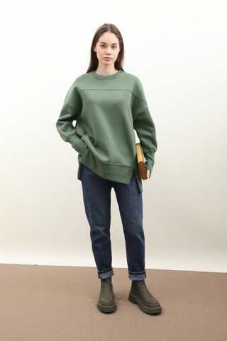 Parmak Geçirme Detaylı Sweatshirt Haki - 2
