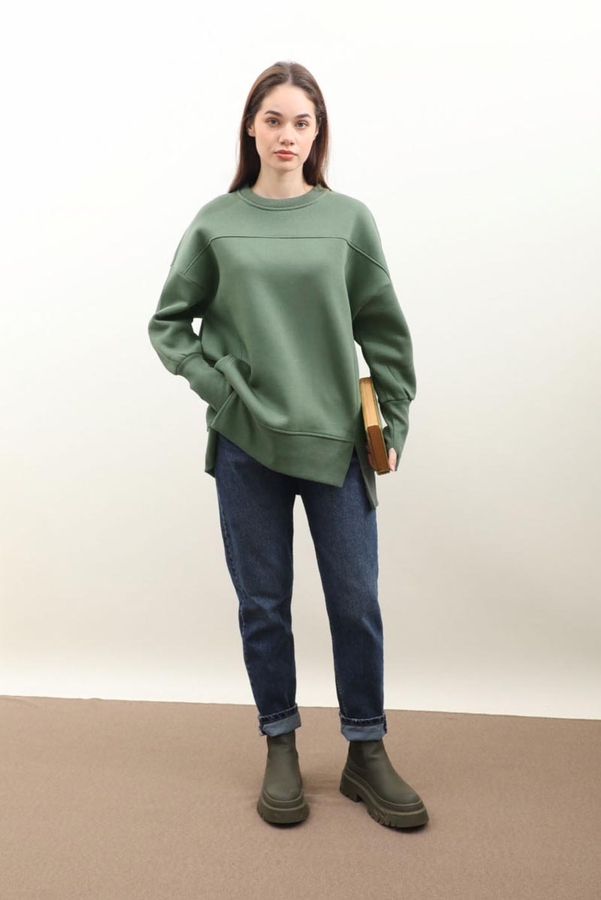 Parmak Geçirme Detaylı Sweatshirt Haki - 2