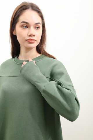 Parmak Geçirme Detaylı Sweatshirt Haki - 4