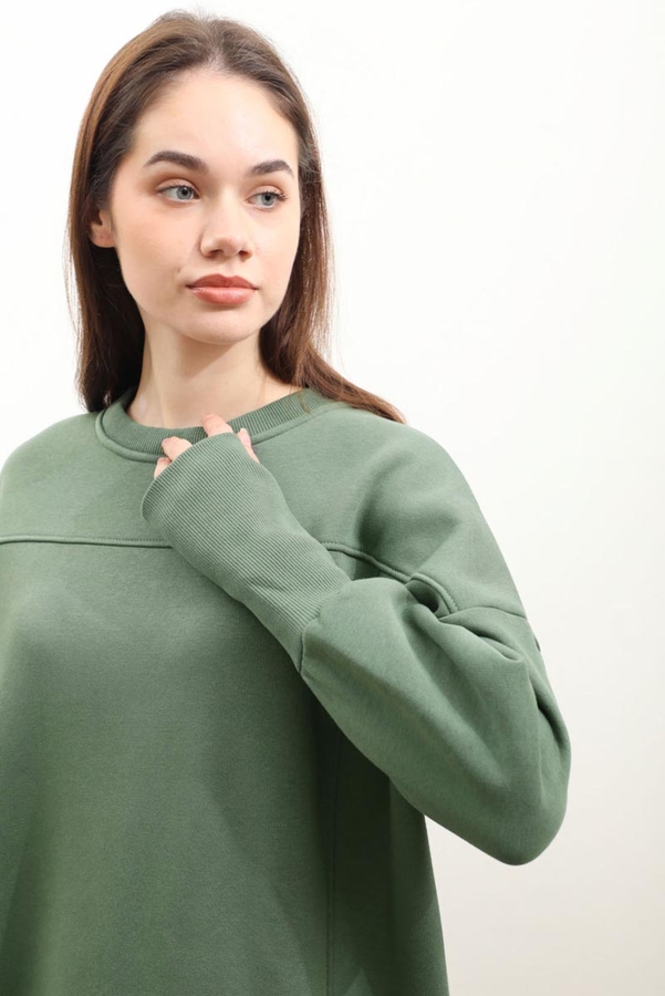 Parmak Geçirme Detaylı Sweatshirt Haki - 4