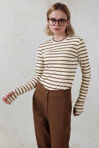 Parmaklı Çizgili Body Kahverengi - 3