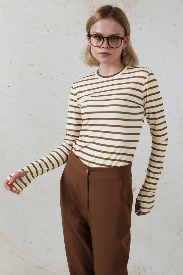 Parmaklı Çizgili Body Kahverengi - 3