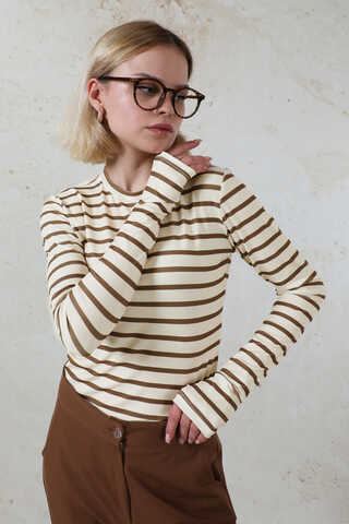 Parmaklı Çizgili Body Kahverengi - 4