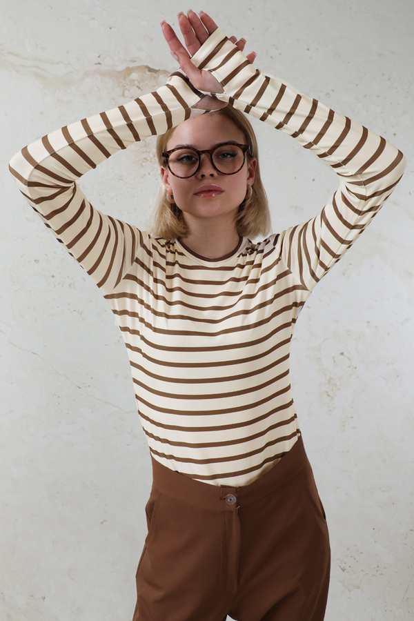 Parmaklı Çizgili Body Kahverengi - 5