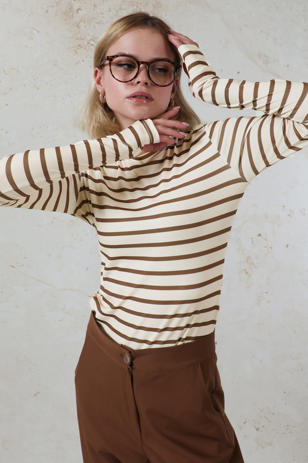 Parmaklı Çizgili Body Kahverengi - 1