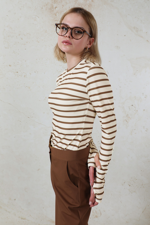 Parmaklı Çizgili Body Kahverengi - 8