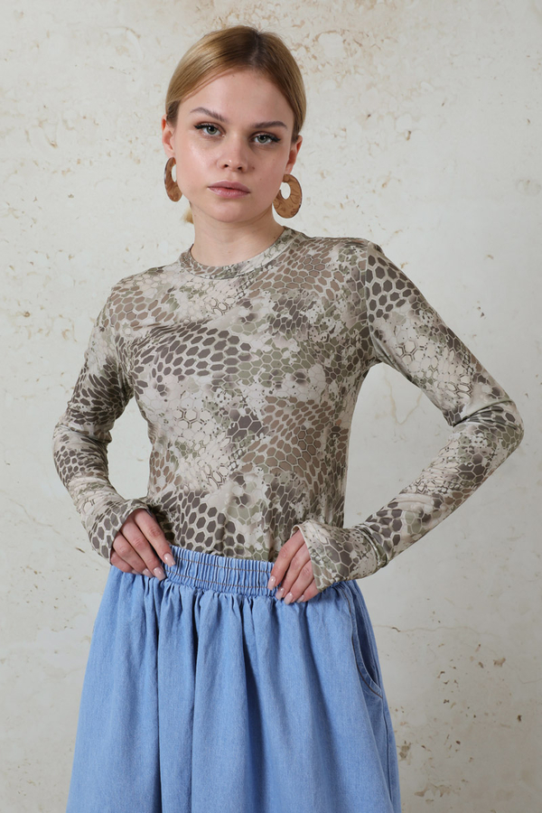 Parmaklı Yılan Desen  Body Haki 