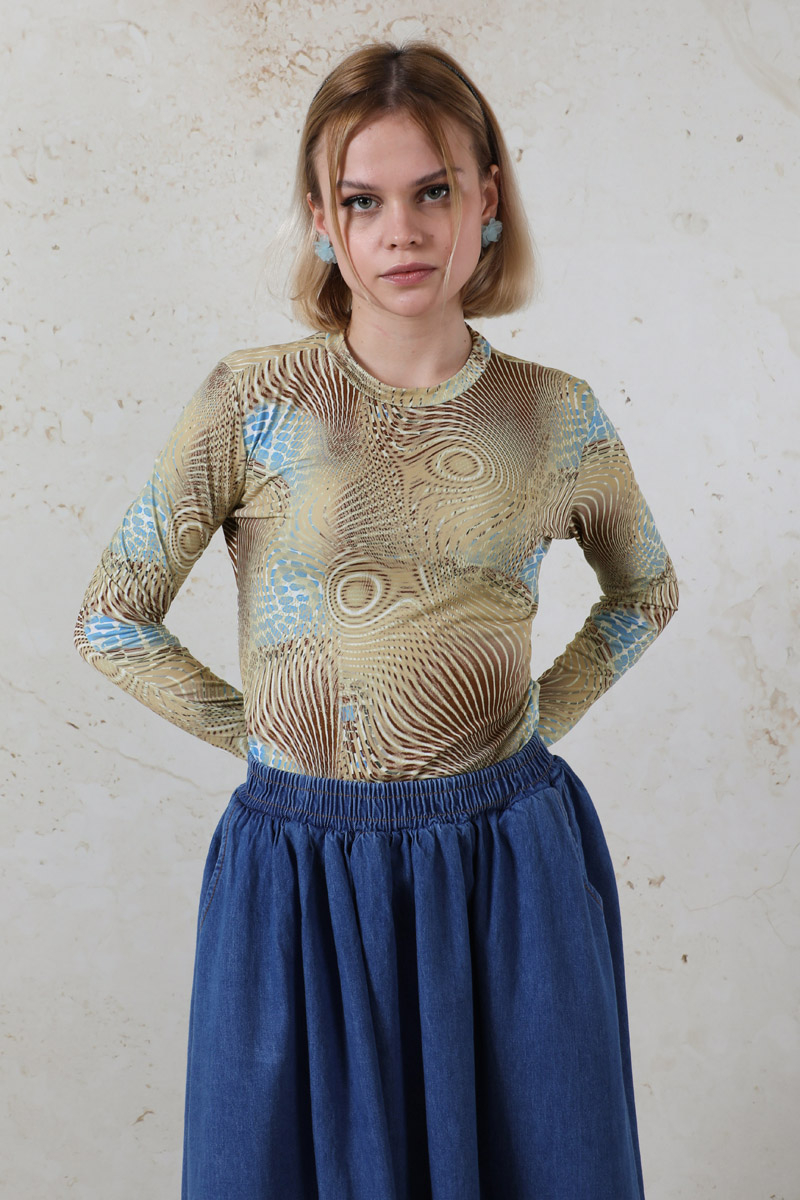 Parmaklı Yılan Desen  Body Mavi