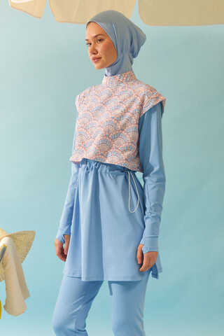 Patterned Classic Modest Swimsuit Baby Blue - 1