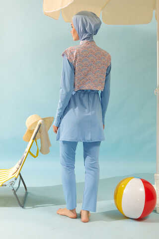 Patterned Classic Modest Swimsuit Baby Blue - 4
