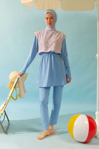 Patterned Classic Modest Swimsuit Baby Blue - 2