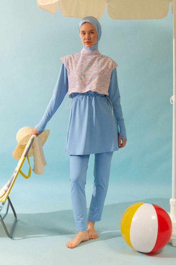 Patterned Classic Modest Swimsuit Baby Blue - 2
