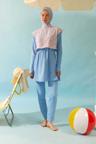 Patterned Classic Modest Swimsuit Baby Blue - 3