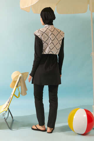 Patterned Classic Modest Swimsuit Black - 5