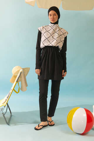 Patterned Classic Modest Swimsuit Black - 2