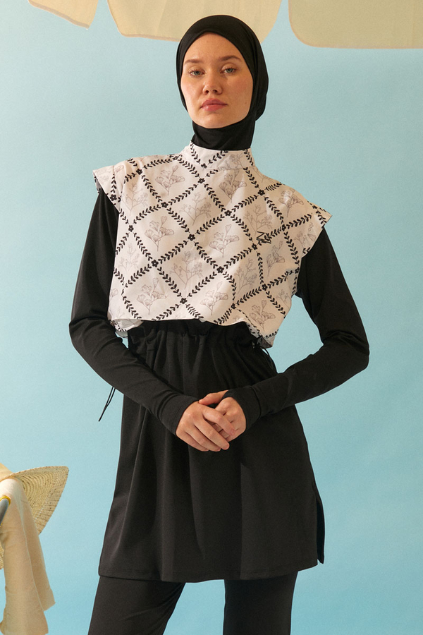 Patterned Classic Modest Swimsuit Black - 1