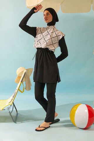 Patterned Classic Modest Swimsuit Black - 4