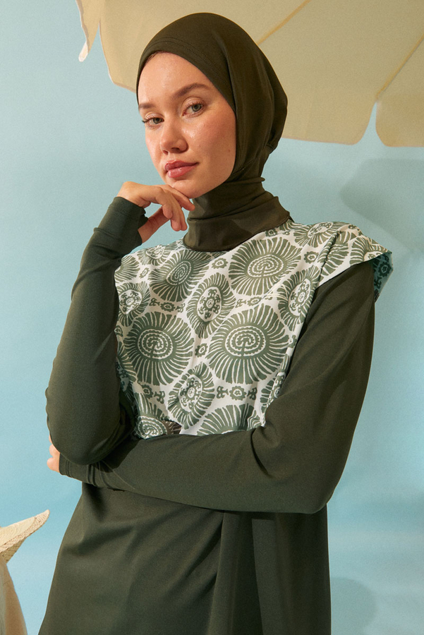 Patterned Classic Modest Swimsuit Khaki - 2
