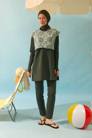 Patterned Classic Modest Swimsuit Khaki - 1