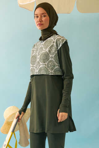 Patterned Classic Modest Swimsuit Khaki - 3