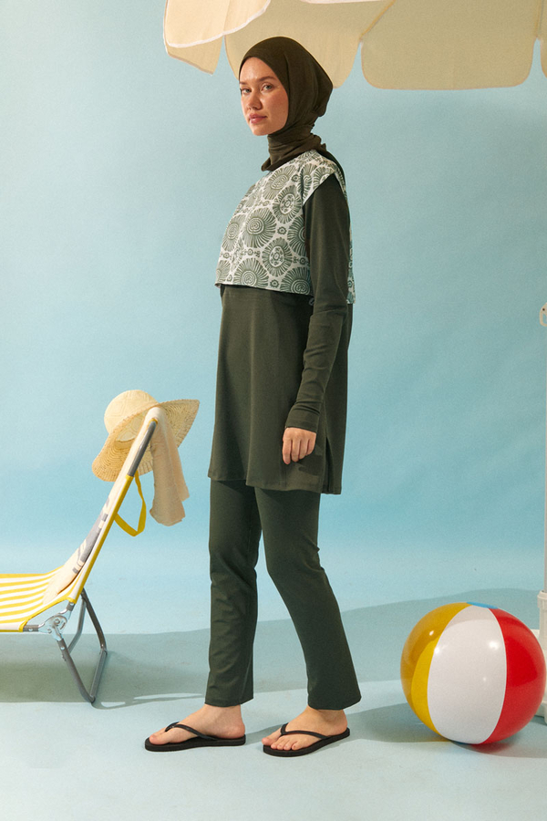 Patterned Classic Modest Swimsuit Khaki - 4