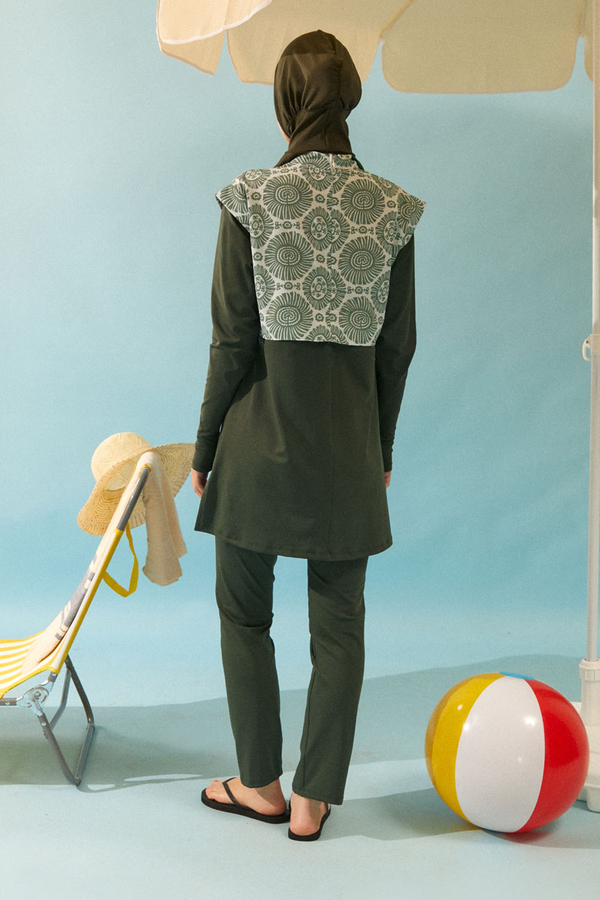 Patterned Classic Modest Swimsuit Khaki - 5