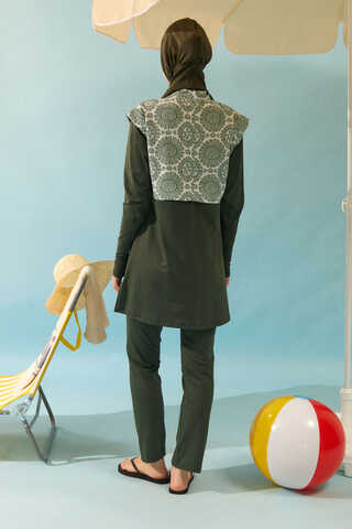 Patterned Classic Modest Swimsuit Khaki - 5