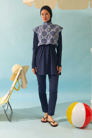 Patterned Classic Modest Swimsuit Navy - 1