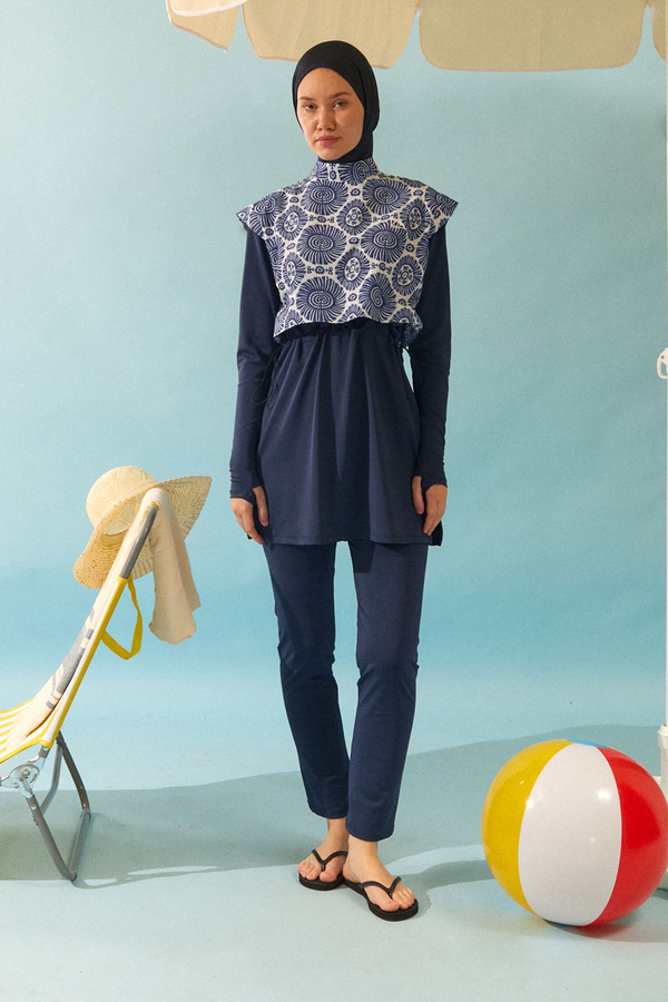 Patterned Classic Modest Swimsuit Navy