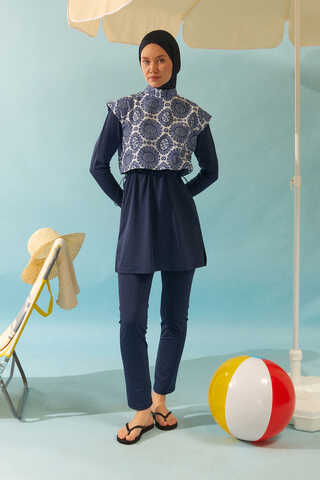 Patterned Classic Modest Swimsuit Navy - 2
