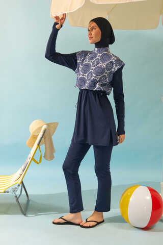 Patterned Classic Modest Swimsuit Navy - 3