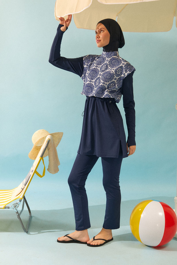 Patterned Classic Modest Swimsuit Navy - 3