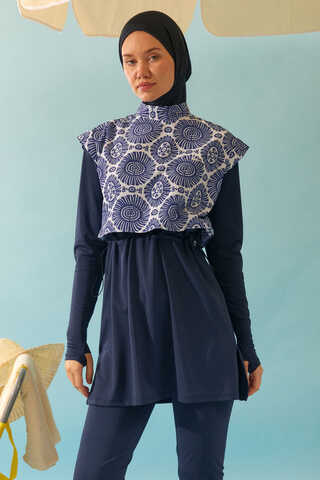 Patterned Classic Modest Swimsuit Navy - 4