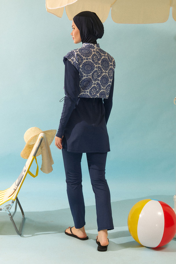 Patterned Classic Modest Swimsuit Navy - 5