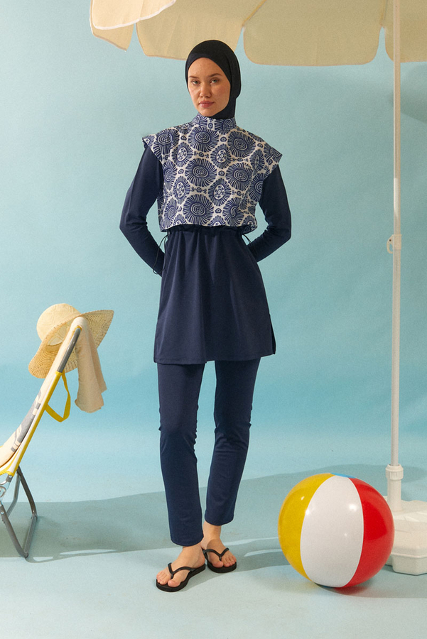 Patterned Classic Modest Swimsuit Navy - 2