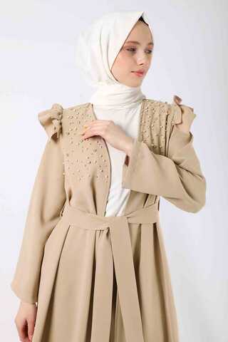 Pearl Embroidered Abaya Suit Beige - 2