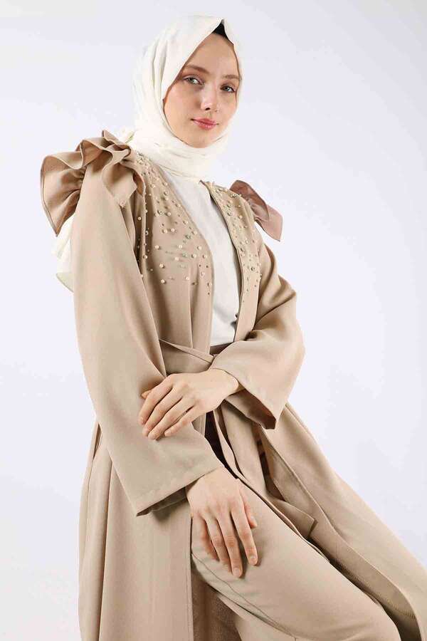 Pearl Embroidered Abaya Suit Beige - 4