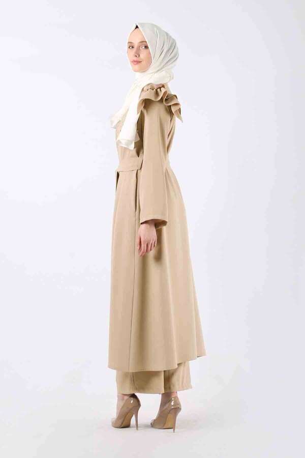 Pearl Embroidered Abaya Suit Beige - 5