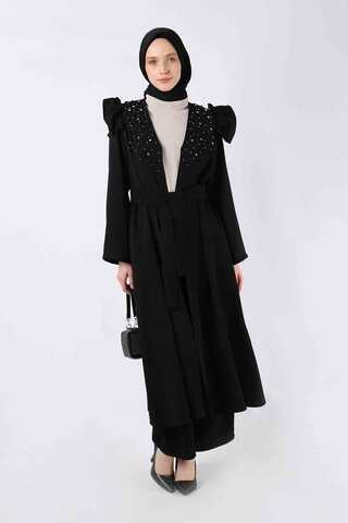 Pearl Embroidered Abaya Suit Black - 3