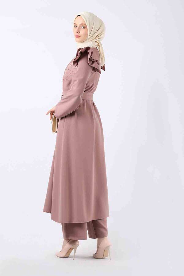 Pearl Embroidered Abaya Suit Dried Rose - 5