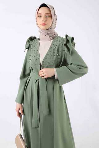 Pearl Embroidered Abaya Suit Khaki - 4