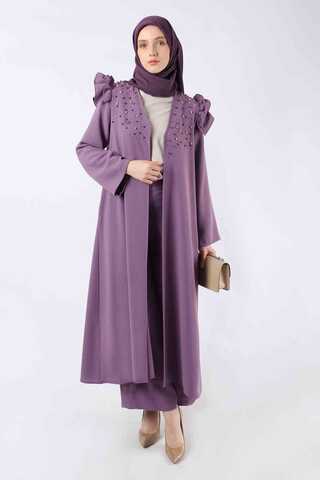 Pearl Embroidered Abaya Suit Lilac - 1