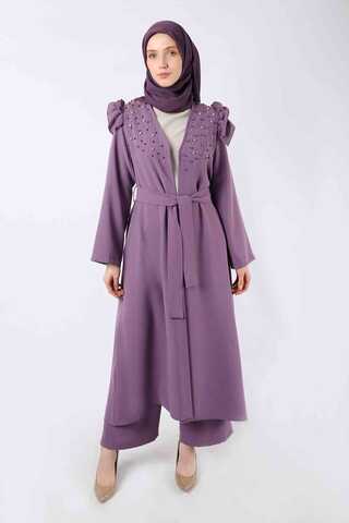 Pearl Embroidered Abaya Suit Lilac - 3