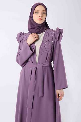 Pearl Embroidered Abaya Suit Lilac - 4