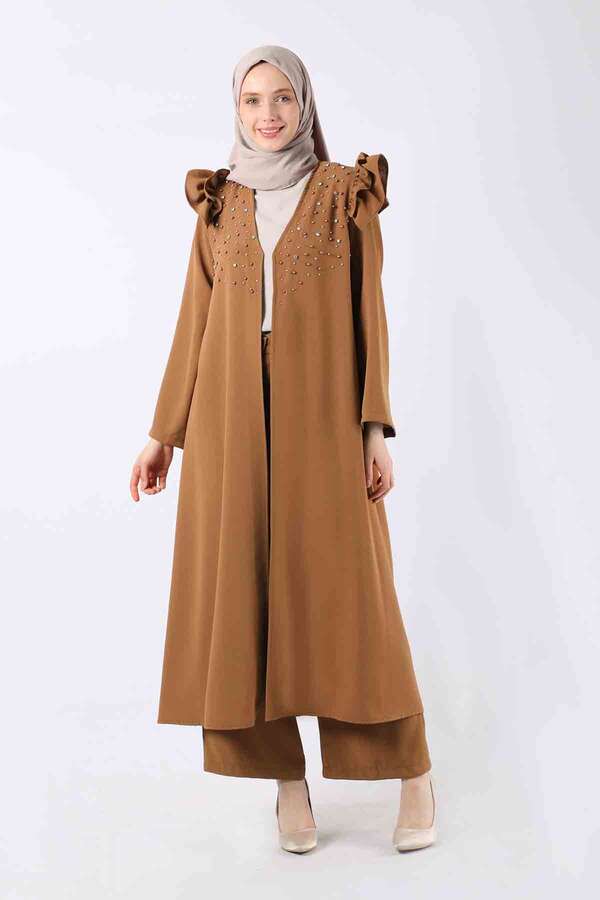 Pearl Embroidered Abaya Suit Tan - 1