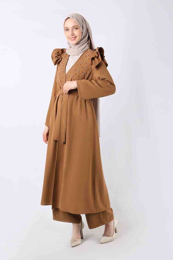 Pearl Embroidered Abaya Suit Tan - 3