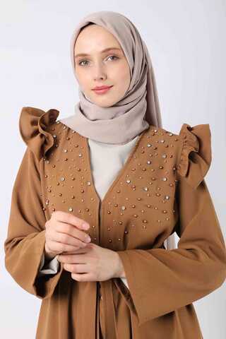 Pearl Embroidered Abaya Suit Tan - 4