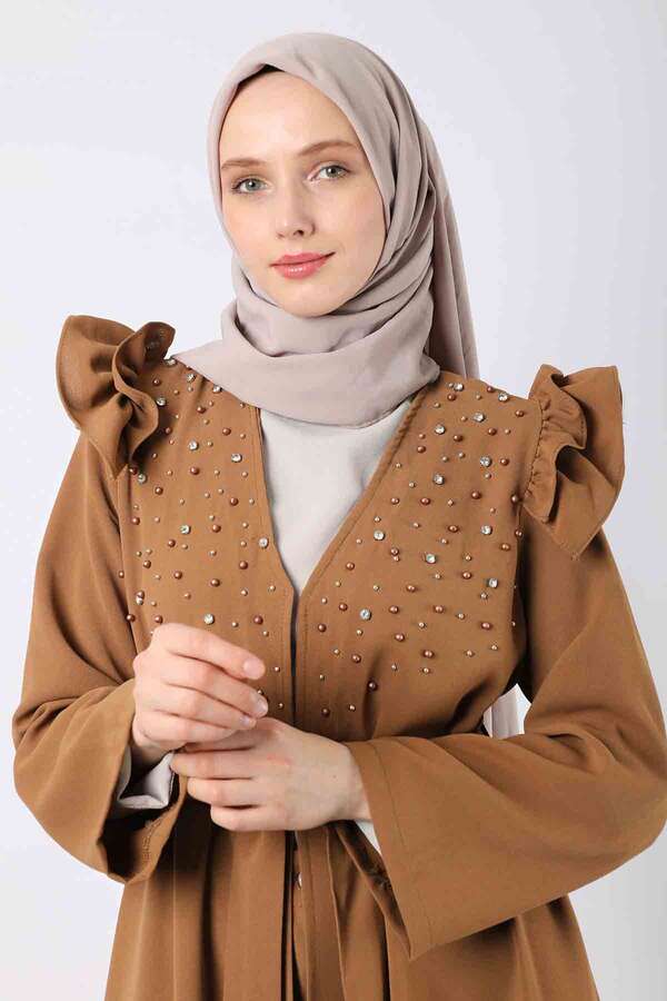 Pearl Embroidered Abaya Suit Tan - 4