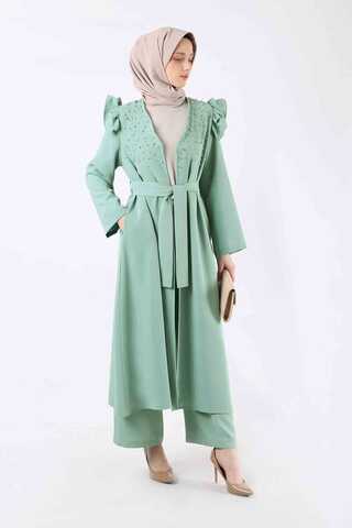 Pearl Embroidered Abaya Suit Water Green - 1