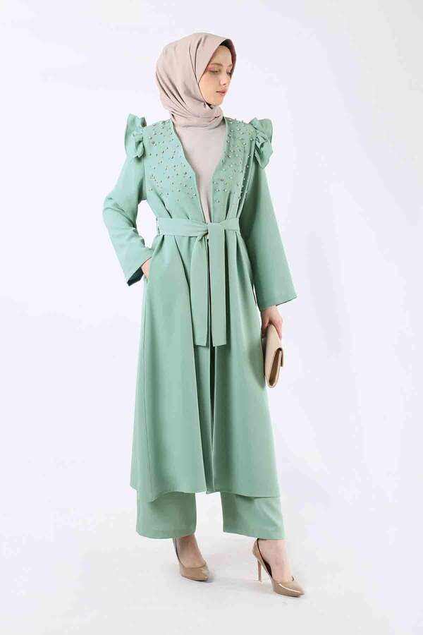 Pearl Embroidered Abaya Suit Water Green - 1